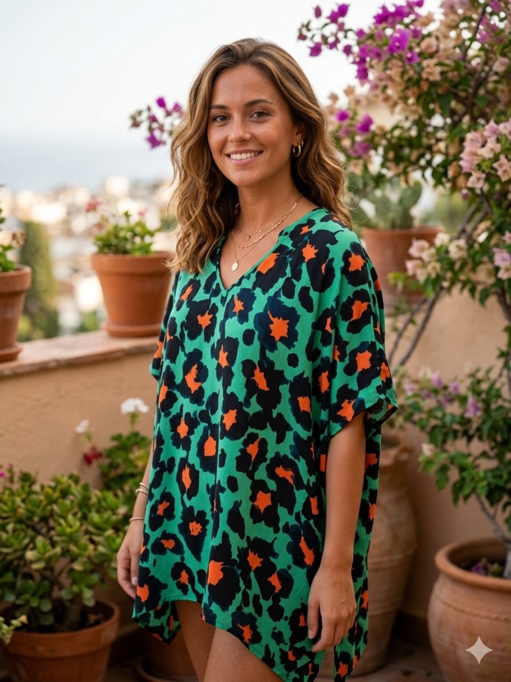 Cabi Rita Leopard Print Blouse Green Orange Oversized V-Neck Top Tunic Medium